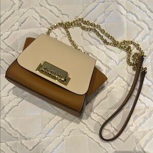 Zac Posen Cream and Brown Clutch with Gold Chain